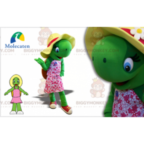 Kostým maskota zelené želvy BIGGYMONKEY™ s kloboukem a růžovými šaty - Želvy maskoti - BIGGYMONKEY_07527 - BiggyMonkey.com