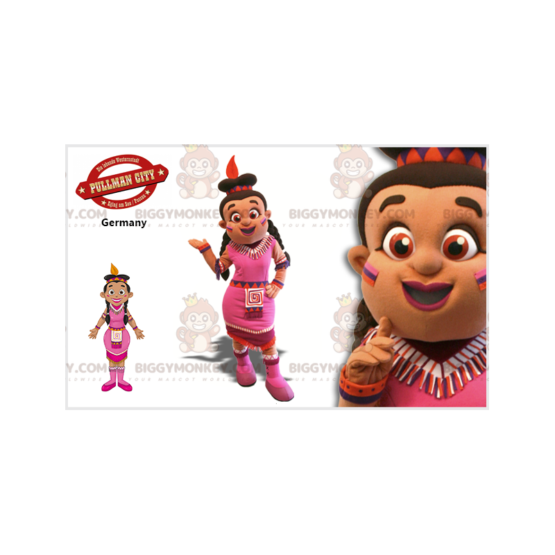 Traje de mascote BIGGYMONKEY™ mulher indiana bronzeada com Traje de mascote BIGGYMONKEY™ mulher indiana bronzeada com