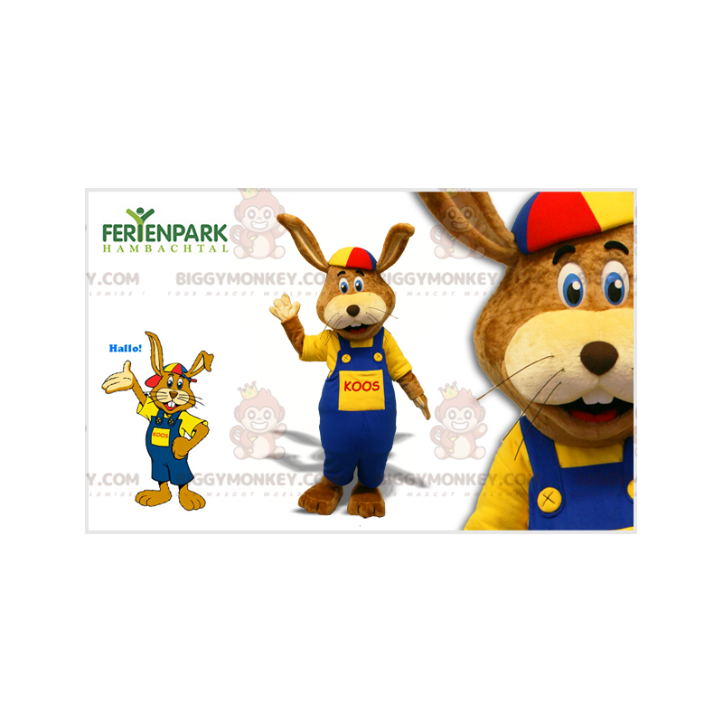 Brown Rabbit BIGGYMONKEY™ Mascot Costume with Overalls and Cap Brown Rabbit BIGGYMONKEY™ Mascot Costume with Overalls and Cap
