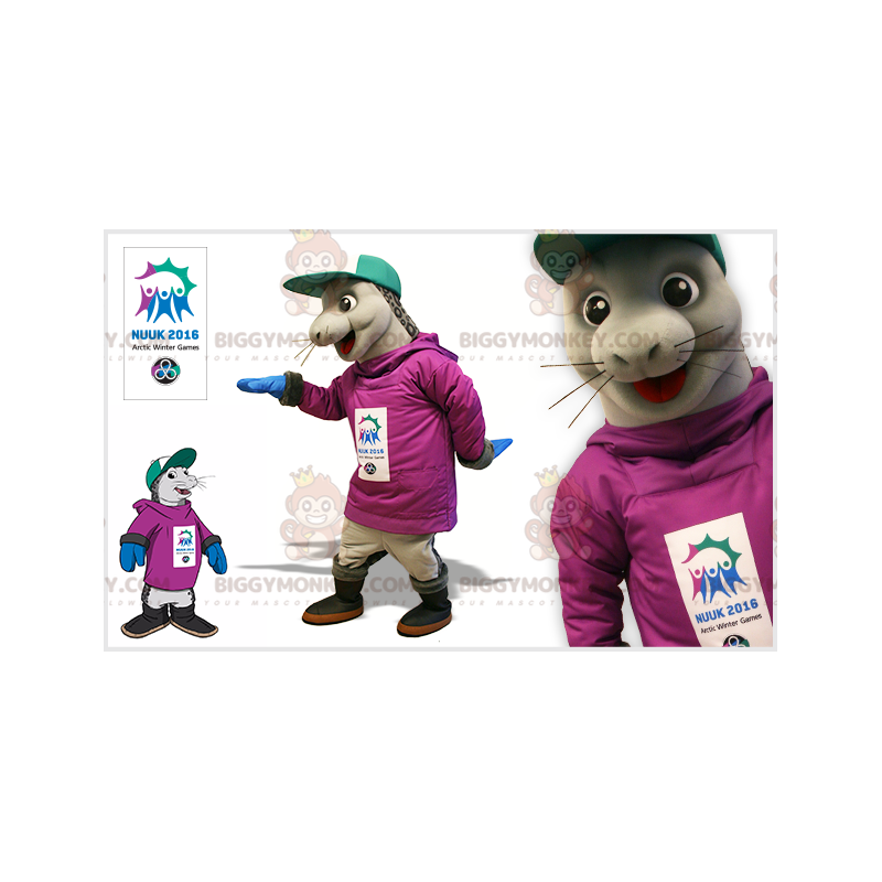 Harmaahyljeleijona BIGGYMONKEY™ maskottiasu korkilla - Harmaahyljeleijona BIGGYMONKEY™ maskottiasu korkilla -