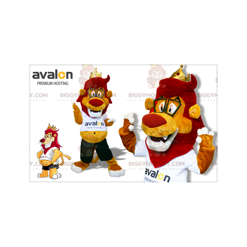 Costume de mascotte BIGGYMONKEY™ de lion rouge et jaune avec un Costume de mascotte BIGGYMONKEY™ de lion rouge et jaune avec un