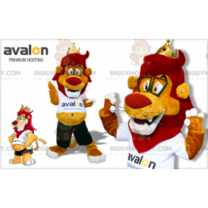 BIGGYMONKEY™ maskotdrakt Rød og gul løve med stor mage - Løve maskoter - BIGGYMONKEY_07547 - BiggyMonkey.com