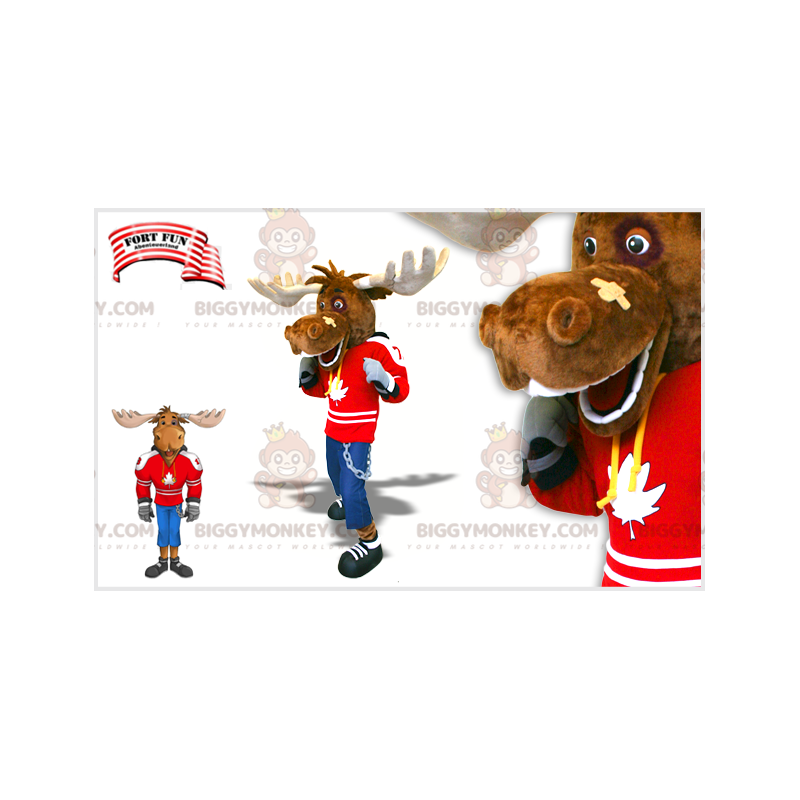  BIGGYMONKEY™ Costume da mascotte per giocatore di hockey Caribou Coffee Company. Costume da mascotte alce BIGGYMONKEY™