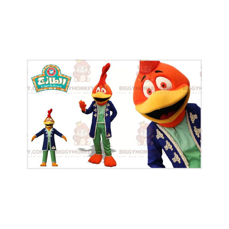 Orange röd och gul tupp BIGGYMONKEY™ maskotdräkt. Fågel Orange röd och gul tupp BIGGYMONKEY™ maskotdräkt. Fågel