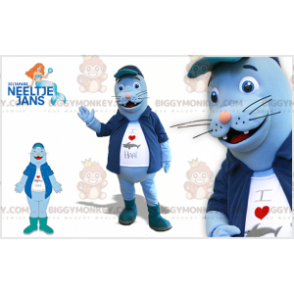 Blauwe zeeleeuw BIGGYMONKEY™ mascottekostuum met jasje en dikke buik - Vis mascottes - BIGGYMONKEY_07567 - BiggyMonkey.com