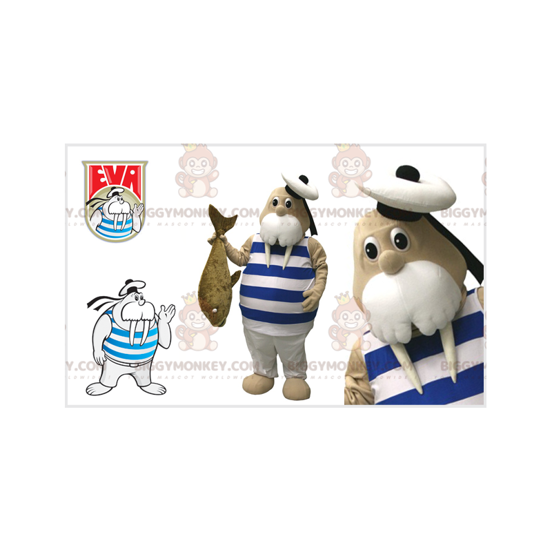 Walrus BIGGYMONKEY™ Mascot Costume with Sailor Outfit and Big Walrus BIGGYMONKEY™ Mascot Costume with Sailor Outfit and Big