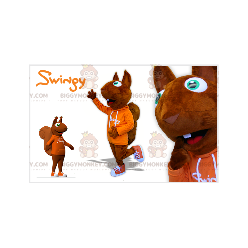 Kostým BIGGYMONKEY™ maskota hnědé veverky s oranžovou mikinou – Kostým BIGGYMONKEY™ maskota hnědé veverky s oranžovou mikinou –