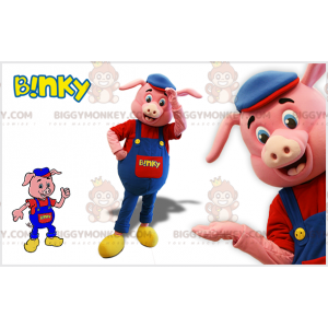 Traje de mascote de porco rosa BIGGYMONKEY™ com macacão azul e