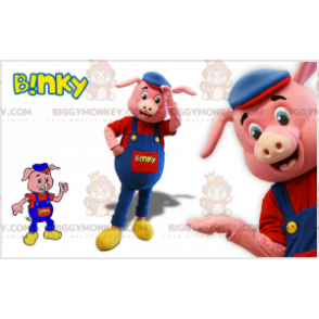 BIGGYMONKEY™ Pink Pig Mascot Costume with Blue Overalls and Beret - Pig Mascots - BIGGYMONKEY_07586 - BiggyMonkey.com