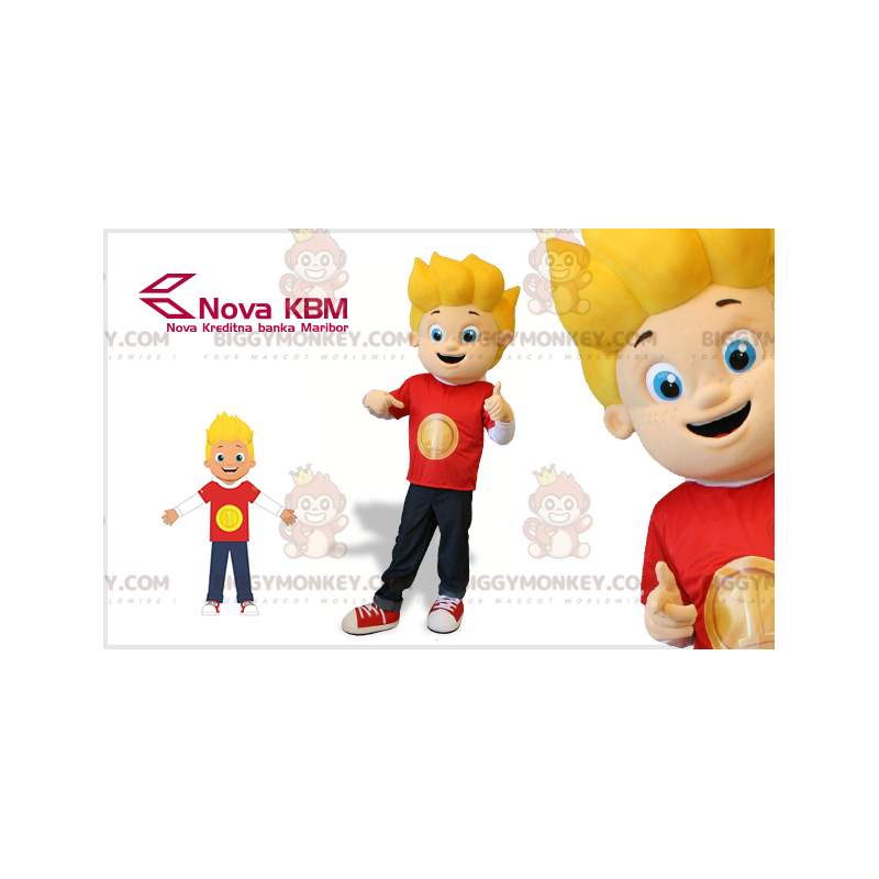 Blue Eyed Blonde Boy BIGGYMONKEY™ Mascot Costume Dressed in Red Blue Eyed Blonde Boy BIGGYMONKEY™ Mascot Costume Dressed in Red