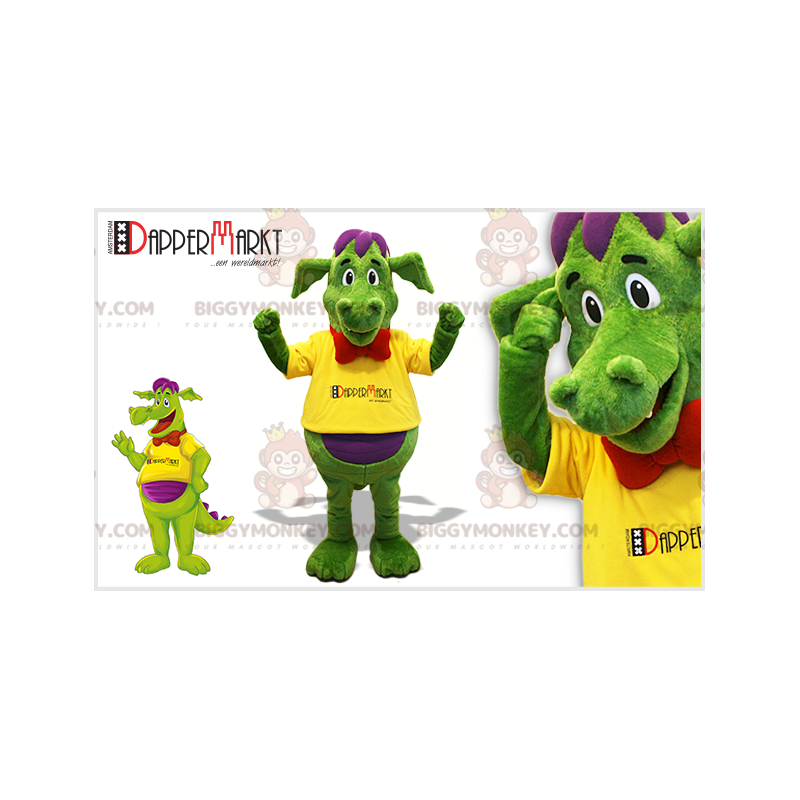 BIGGYMONKEY™ maskotkostyme Grønn og lilla drage med sløyfe - Dragon maskot - BIGGYMONKEY_07597 - BiggyMonkey.com