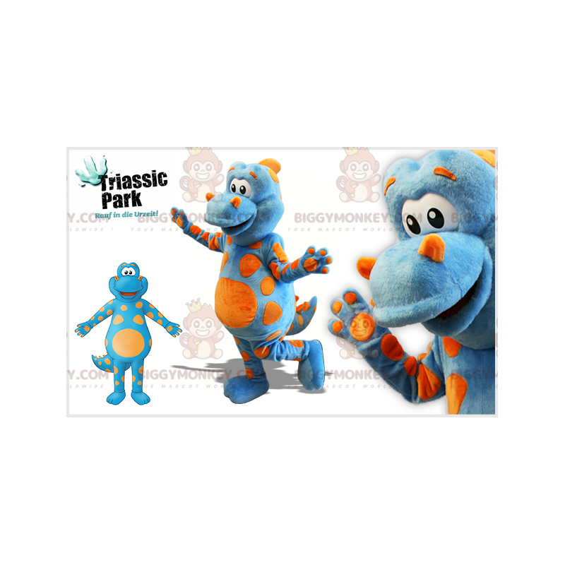 BIGGYMONKEY™ maskottiasu Sininen dinosaurus oransseilla BIGGYMONKEY™ maskottiasu Sininen dinosaurus oransseilla