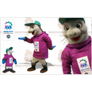 BIGGYMONKEY™ grå sjölejonmaskotdräkt med mössa - BiggyMonkey