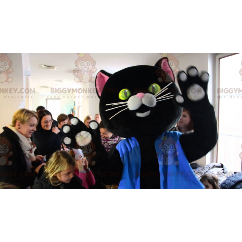 Svart och rosa katt BIGGYMONKEY™ maskotdräkt klädd i blått - Svart och rosa katt BIGGYMONKEY™ maskotdräkt klädd i blått -