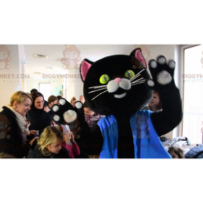 Svart och rosa katt BIGGYMONKEY™ maskotdräkt klädd i blått -