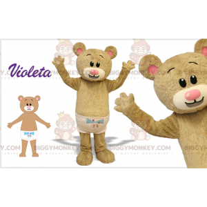 BIGGYMONKEY™ mascot costume beige bear cub with one diaper.