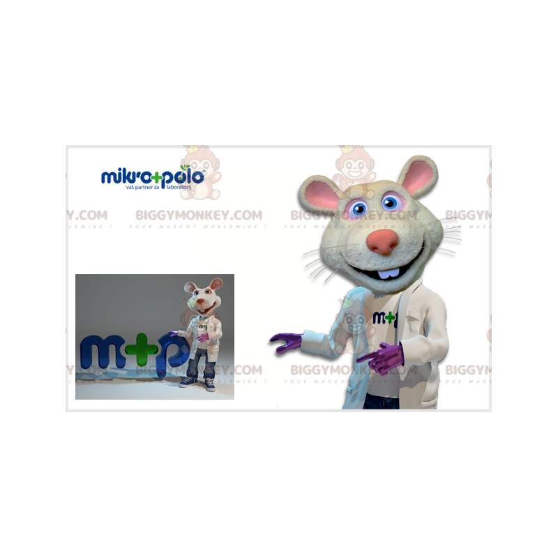 Disfraz de mascota de rata blanca y rosa BIGGYMONKEY™ con bata Disfraz de mascota de rata blanca y rosa BIGGYMONKEY™ con bata