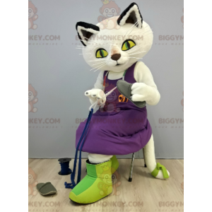 BIGGYMONKEY™ Mascot Costume White Cat With Purple Dress –