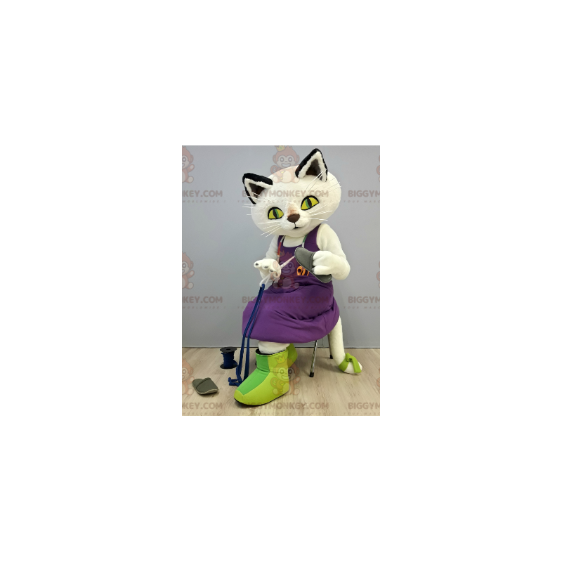 BIGGYMONKEY™ Maskotdräkt Vit katt med lila klänning -