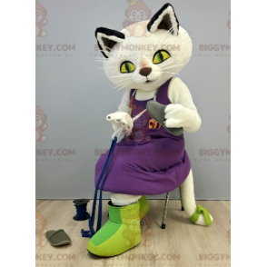 BIGGYMONKEY™ Mascot Costume White Cat With Purple Dress -