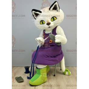Kostým maskota BIGGYMONKEY™ Bílá kočka s fialovými šaty –