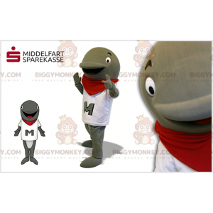 Gray dolphin BIGGYMONKEY™ mascot costume with white t-shirt and