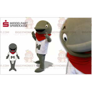 Grå delfin BIGGYMONKEY™ maskotdräkt med vit t-shirt och halsduk