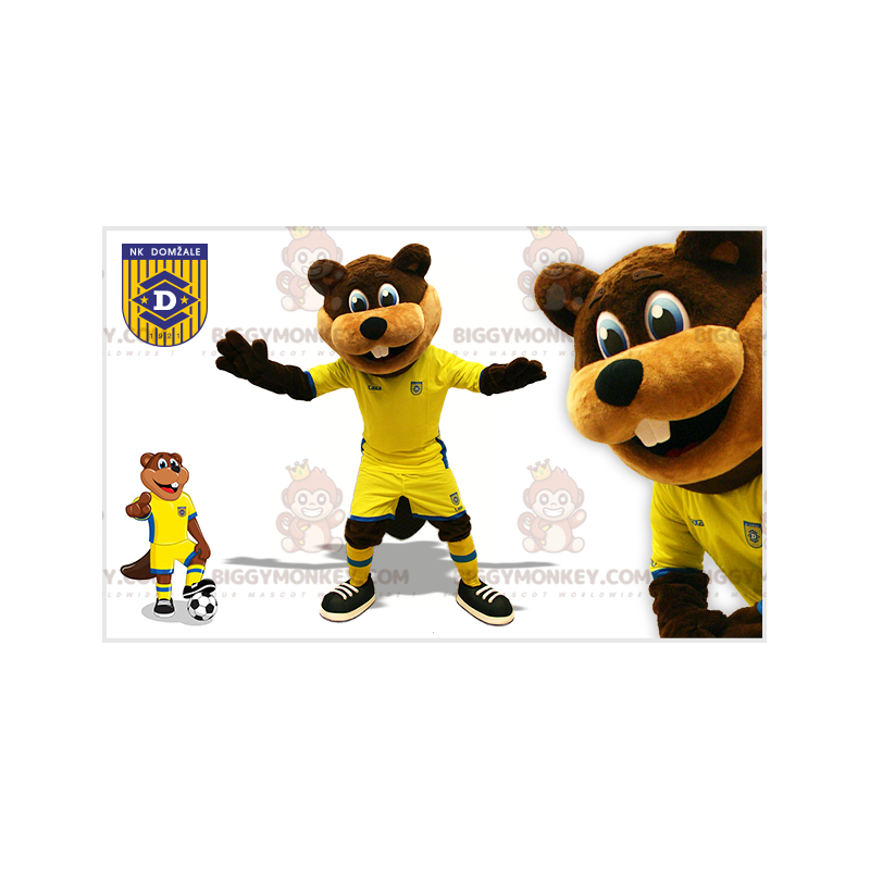 BIGGYMONKEY™ maskotkostume Brun bæver i gult og blåt sportstøj BIGGYMONKEY™ maskotkostume Brun bæver i gult og blåt sportstøj