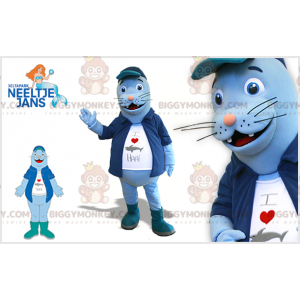 Blue sea lion BIGGYMONKEY™ mascot costume with jacket and big