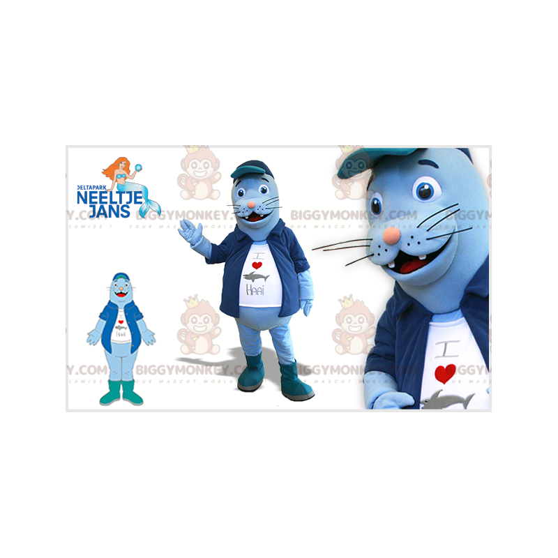 Sininen merileijona BIGGYMONKEY™ maskottiasu, jossa takki ja iso vatsa - Kalojen maskotit - BIGGYMONKEY_07651 - BiggyMonkey.com