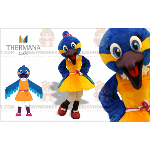 Kostým modrého a žlutého ptáka BIGGYMONKEY™ maskota s šaty –