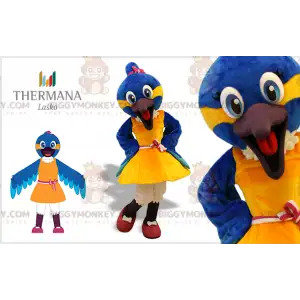 Traje de mascote de pássaro azul e amarelo BIGGYMONKEY™ com