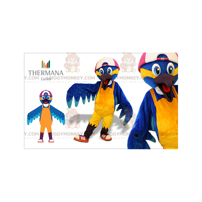 Costume da mascotte BIGGYMONKEY™ uccello blu e giallo con Costume da mascotte BIGGYMONKEY™ uccello blu e giallo con