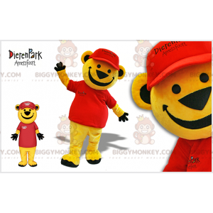 BIGGYMONKEY™ Maskottchenkostüm Gelber Bär Bär in Rot mit Mütze
