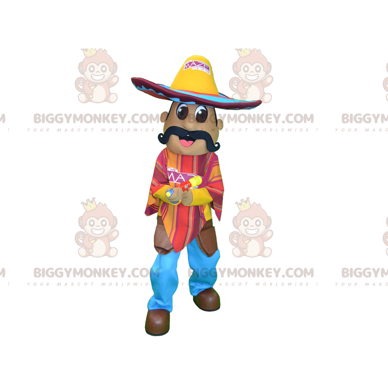 Mexicaans BIGGYMONKEY™-mascottekostuum met snor en poncho en Mexicaans BIGGYMONKEY™-mascottekostuum met snor en poncho en