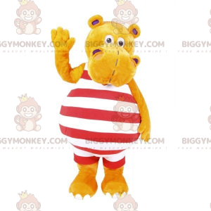 Στολή μασκότ BIGGYMONKEY™ από κίτρινο ιπποπόταμο με κόκκινη και