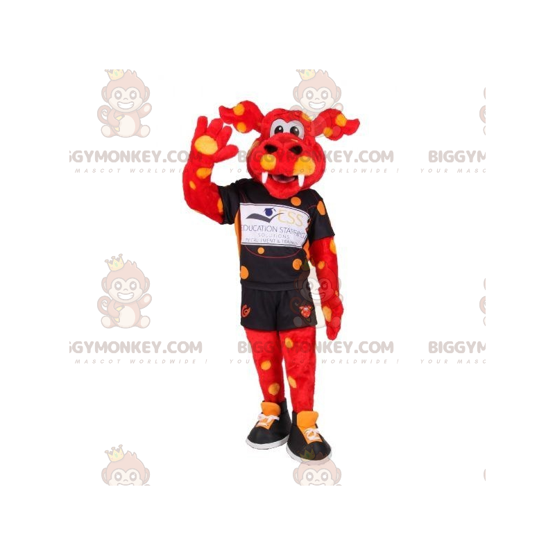 BIGGYMONKEY™ Mascottekostuum Rode draak met gele polkadot BIGGYMONKEY™ Mascottekostuum Rode draak met gele polkadot