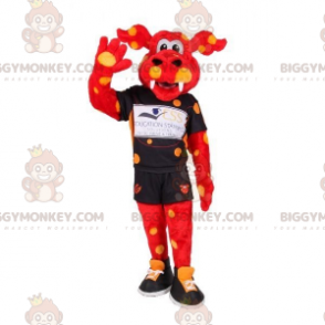 Kostium maskotki BIGGYMONKEY™ Czerwony smok z żółtą odzieżą sportową w kropki - Maskotka smoka - BiggyMonkey.com