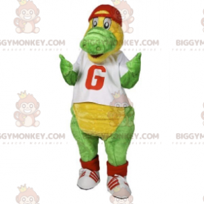 Grøn og gul krokodille BIGGYMONKEY™ maskotkostume klædt i rødt og hvidt - Krokodille maskot - BiggyMonkey.com