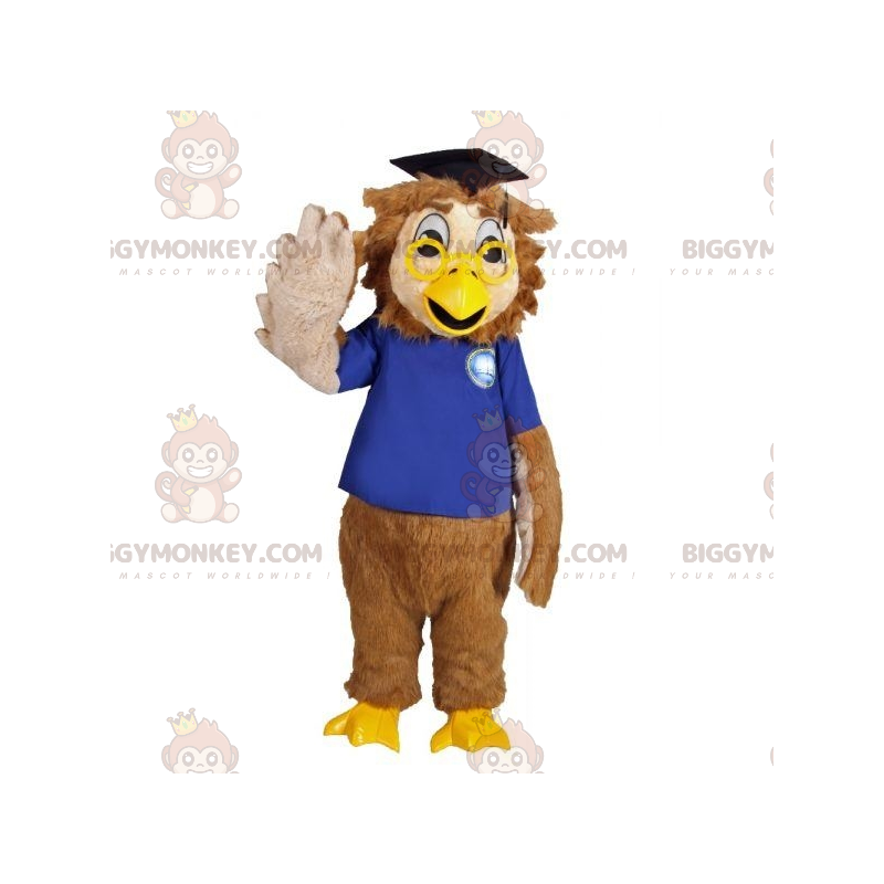 Bruine uil BIGGYMONKEY™ mascottekostuum verkleed met afgestudeerd hoofddeksel - Vogel mascotte - BiggyMonkey.com