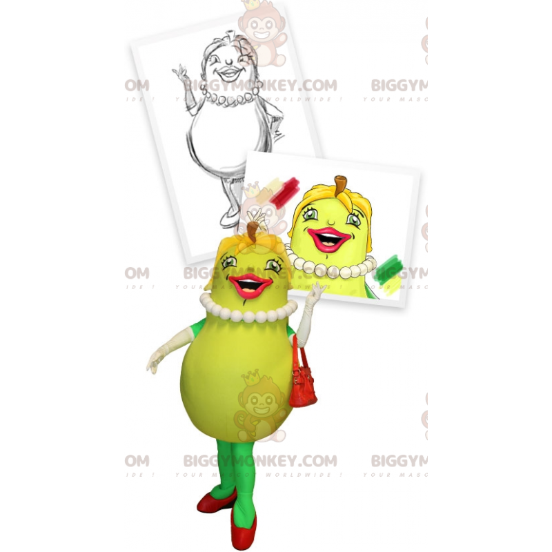 Disfraz de mascota de pera verde sonriente y femenina Disfraz de mascota de pera verde sonriente y femenina