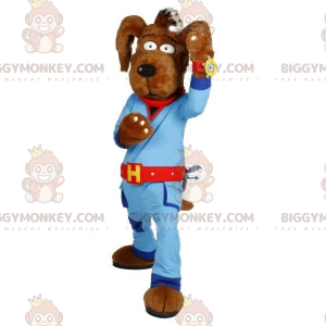 Bruine hond BIGGYMONKEY™ mascottekostuum met blauwe jumpsuit -