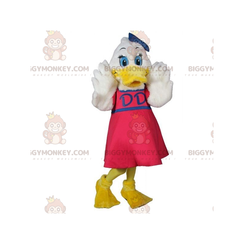 Traje de mascote de pato branco BIGGYMONKEY™ com vestido rosa – Traje de mascote de pato branco BIGGYMONKEY™ com vestido rosa –