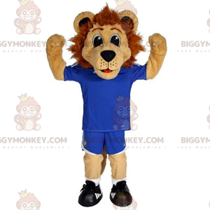 Στολή μασκότ BIGGYMONKEY™ Καφέ λιοντάρι με μπλε αθλητικά ρούχα