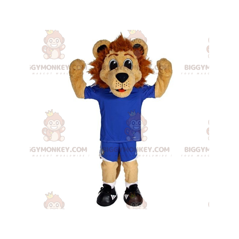 BIGGYMONKEY™ maskotkostume Brun løve i blåt sportstøj -