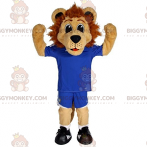 Disfraz de mascota BIGGYMONKEY™ León marrón en ropa deportiva azul - Mascota deportiva - BIGGYMONKEY_07737 - BiggyMonkey.com