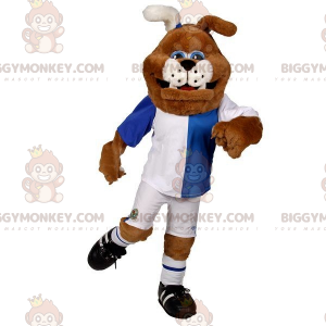 Kostým maskota psa BIGGYMONKEY™ Hnědobílý buldok ve sportovním