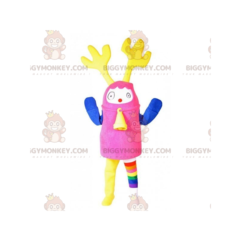 BIGGYMONKEY™ Mascottekostuum Kleurrijke sneeuwpop met geel gewei en belletje - Heren mascottes - BiggyMonkey.com