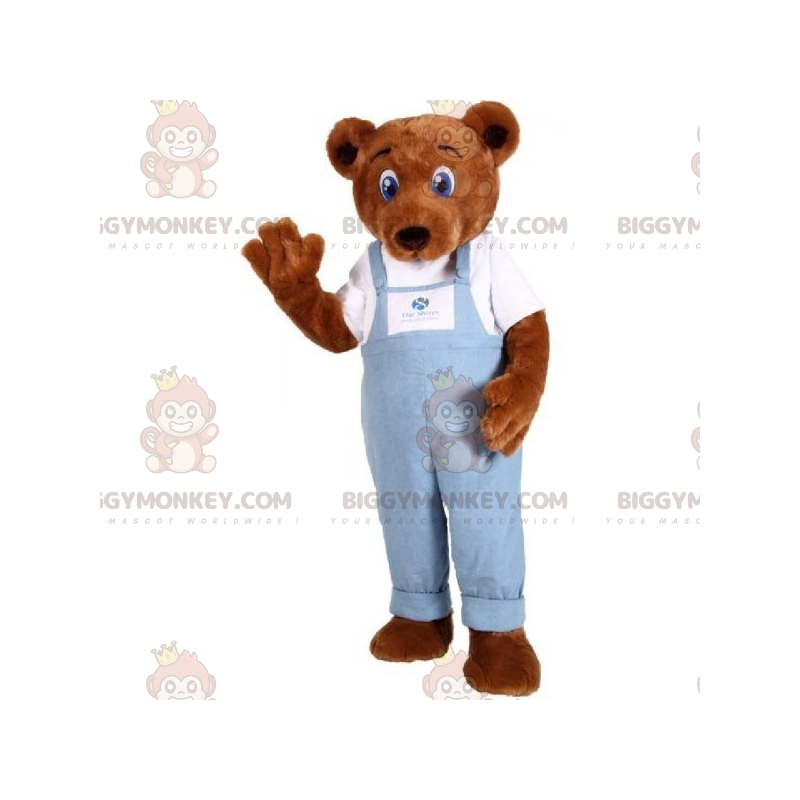 Bruin Teddy BIGGYMONKEY™-mascottekostuum in denim overall - Bruin Teddy BIGGYMONKEY™-mascottekostuum in denim overall -