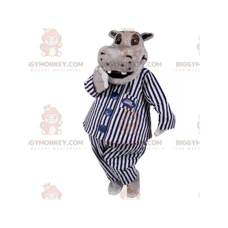 Fato de mascote BIGGYMONKEY™ de hipopótamo cinzento de pijama. Fato de mascote BIGGYMONKEY™ de hipopótamo cinzento de pijama.